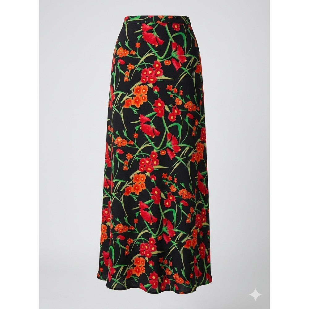 First Option Floral Maxi Skirt Black Red Orange XS S Vintage Grunge Flowy Garden